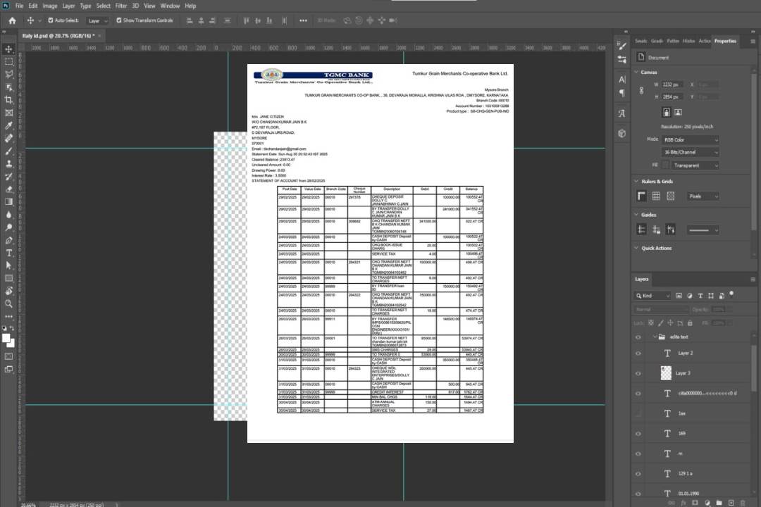Inde Tumkur Grain Merchants Co-operative Bank relevé de compte Modèle Word et PDF template